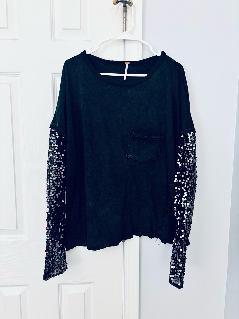 Free People Black Long Sleeve Sweatshirt with Sequined Sleeves